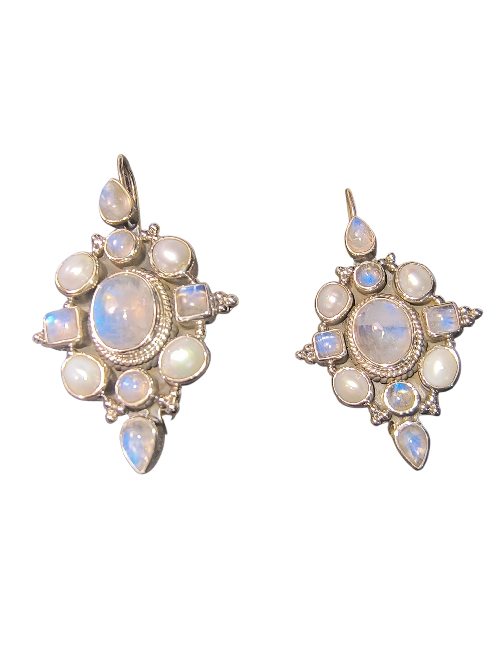 Rainbow Moonstone And White Pearl Large Cluster Drop Earrings Brand New - Picture 2 of 9